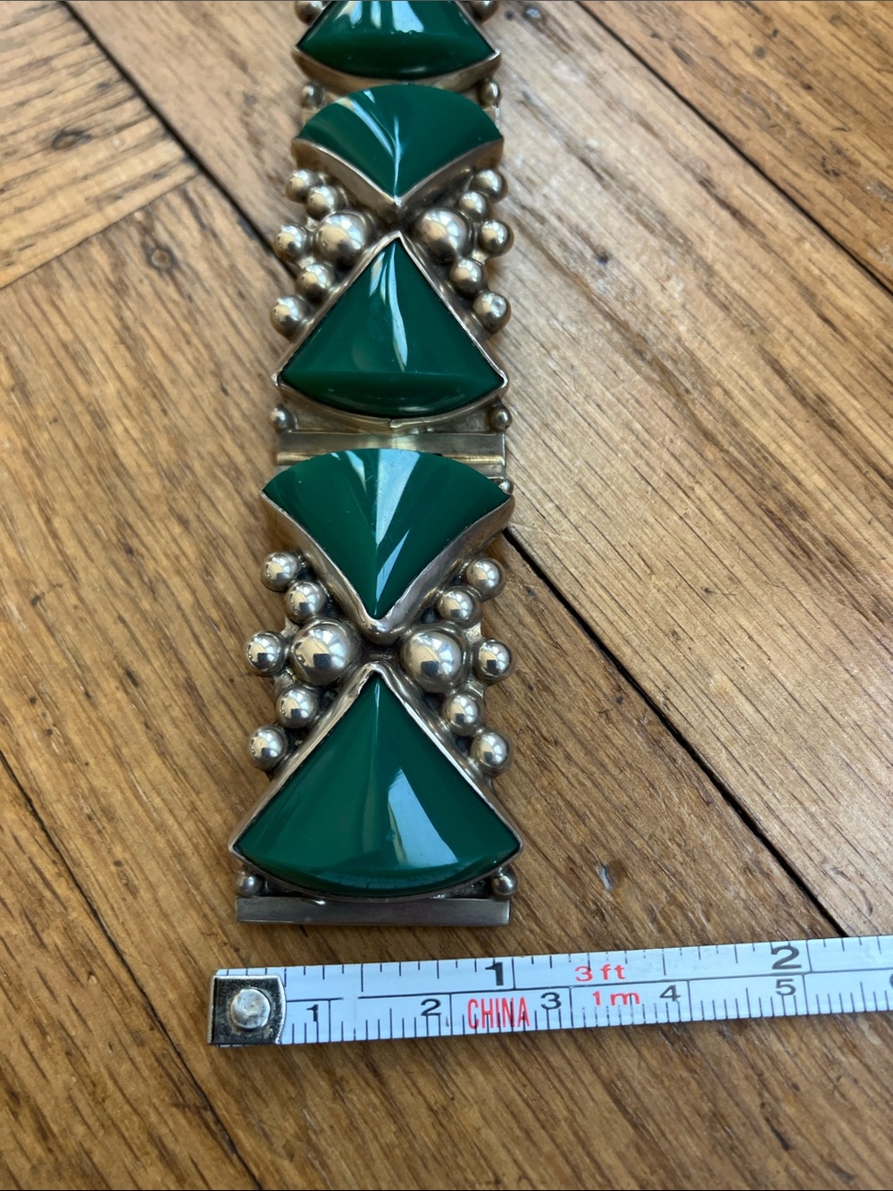 Stunning Large Scale Vintage Taxco Del Rio Style Green and Silver Bracelet - Picture 6 of 10